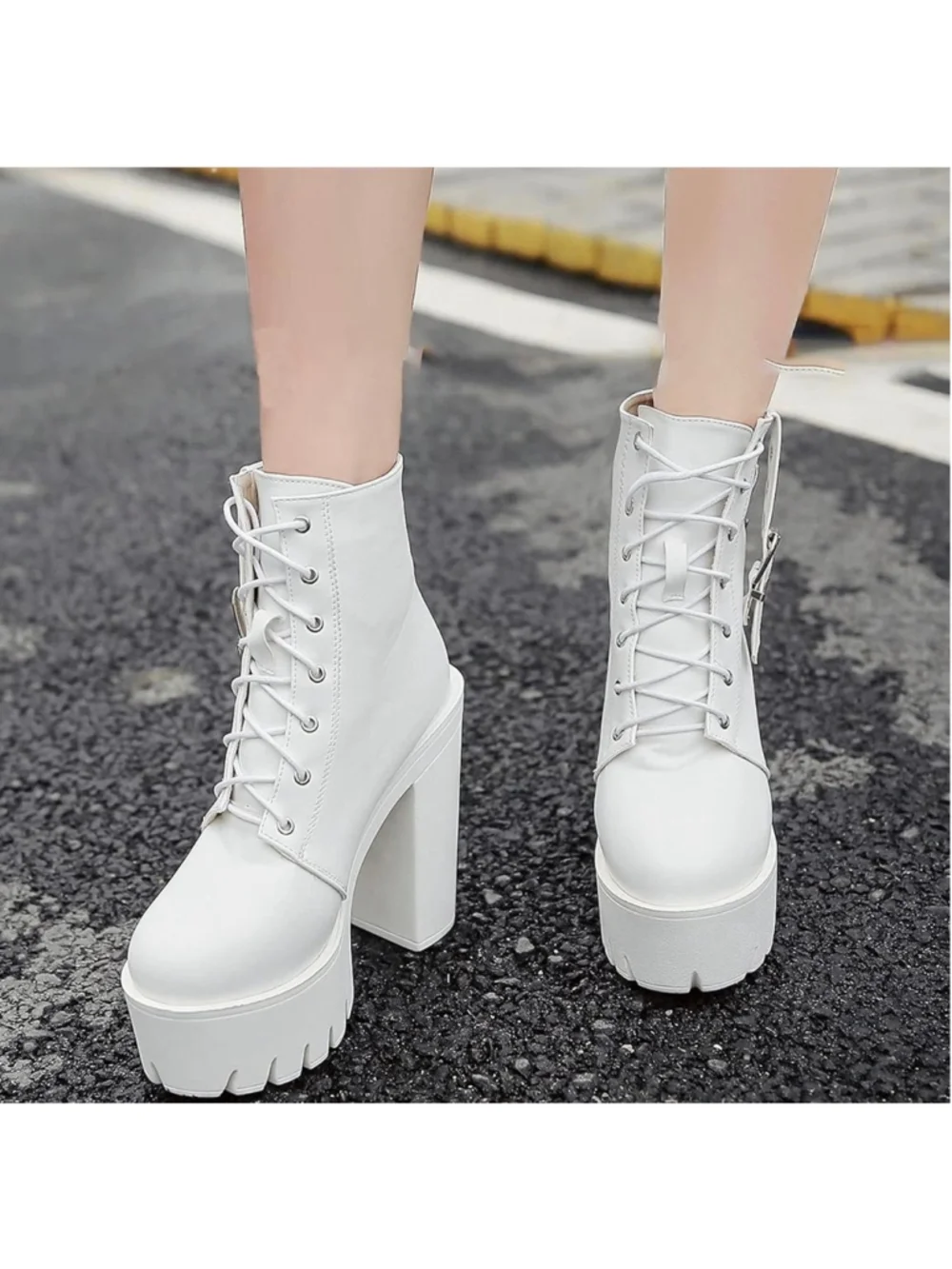 Women's White Platform Lace-Up Buckle Boots